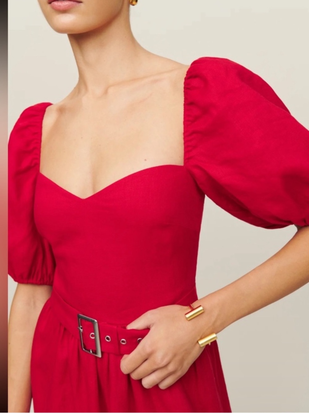 Reformation 4 NEW Tien Linen Dress Cherry Red Fitted Waist Puffy Holiday Belted